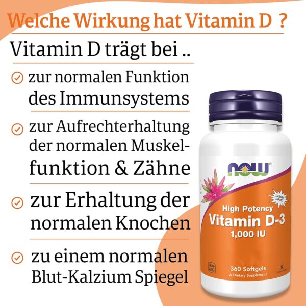 Now Foods, Vitamin D3, 1.000 IU, 360 Weichkapseln, Laborgeprüft, Hochdosiert, Glutenfrei, Sojafrei – Bild 4