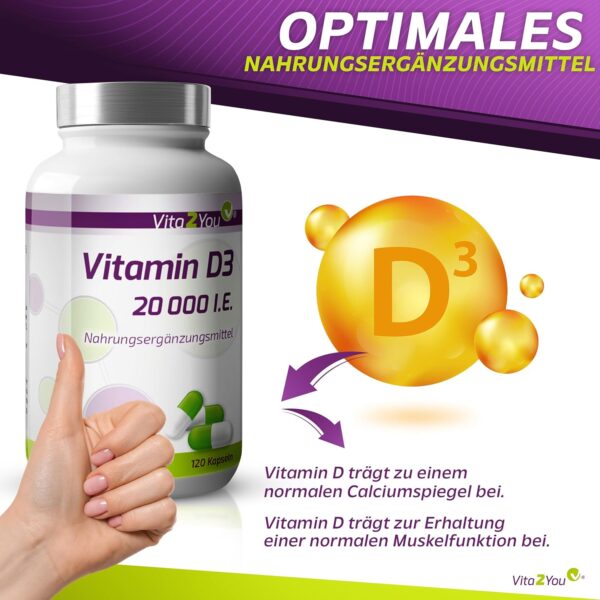 Vita2You Vitamin D3-20.000 IE - 120 Kapseln - Hochdosiert - 1000 I.E. pro Tag - 20000 Einheiten - Premium Qualität - Made in Germany – Bild 3
