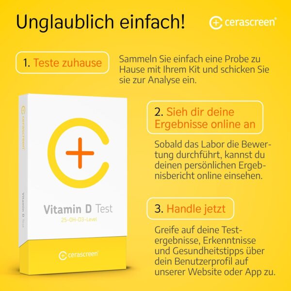 Vitamin D Test Kit von CERASCREEN - Spiegel messen und Mangel erkennen mit dem Selbsttest für zu Hause | Zertifiziertes Labor | Konkrete Handlungsempfehlungen und Gesundheitsinformationen – Bild 3