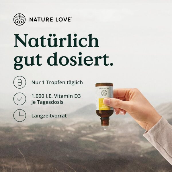 NATURE LOVE® Vitamin D3 1000 (50ml flüssig) – Laborgeprüfte 1000 I.E. pro Tropfen – in MCT-Öl aus Kokos – Vitamin D hochdosiert – hoch bioverfügbar, sehr hohe Stabilität und ohne unnötige Zusätze – Bild 4