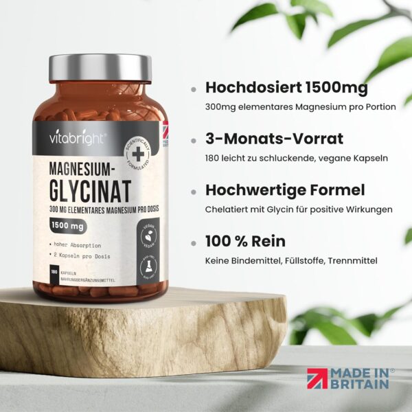 Magnesium Glycinat Hochdosiert 180 Kapseln | 1500mg Pure Magnesium Bisglycinat Pulver - 300mg Elementares Mg | Magnesiumglycinat Ohne Zusatzstoffe | VitaBright Bio Magnesiumbisglycinat – Bild 3