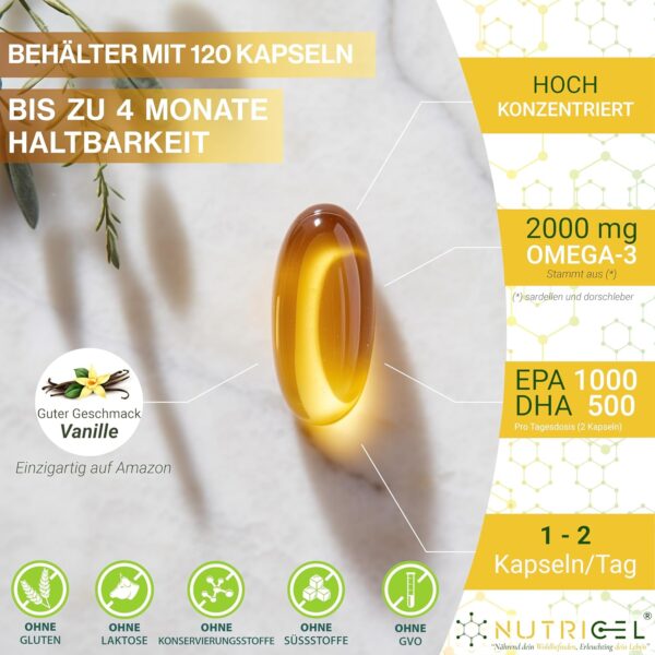 Omega 3 Kapseln Hochdosiert - 2000mg pro 2 Kapseln, 1000mg EPA & 500mg DHA - Mit Vitaminen E und Vanille-Geschmack - Unterstützt Herz, Gehirn & Sehkraft - Molekular Destilliert - 120 Kapseln – Bild 4