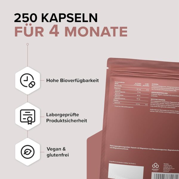 edubily nutrition® Magnesium Komplex Kapseln • Magnesiummischung aus Magnesiumglycinat, Magnesiumcitrat & Magnesiumcarbonat • Ohne Magnesiumstearat • Mit Vitamin B6 (P5P) • Vegan (250 Kapseln) – Bild 3