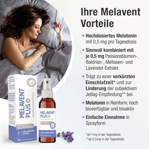 Melatonin Einschlaf-Spray – hochdosiert – 0,5 mg Melatonin pro Tagesdosis – mit Pflanzenextrakten – Melavent PLUS - 6 Monatsvorrat – Bild 4