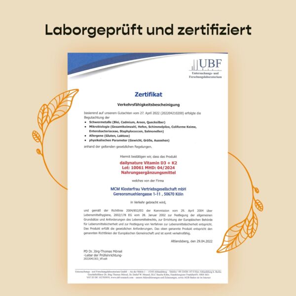 dailynature Vitamin D3 + K2 | 180 Tabletten mit je 5.000 IE D3 hochdosiert + 100 µg K2 | Nahrungsergänzungsmittel - vegetarisch, ohne unerwünschte Zusätze, glutenfrei & laktosefrei | laborgeprüft – Bild 7