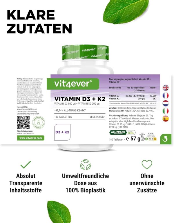 Vitamin D3 20.000 I.E + Vitamin K2 200 mcg Menaquinon MK7 Depot - 180 Tabletten - 99,7+% All-Trans - Laborgeprüft- Vegetarisch - Hochdosiert - Premium Qualität – Bild 8