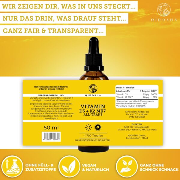 QIDOSHA® Premium Vitamin D3 K2 Tropfen, 50 ml, Wirkstoffmenge in externem Labor bestätigt, 1000 I.E. Vitamin D3 je Tropfen, hoch bioverfügbar durch K2 All-Trans, vegetarisch, Vitamin D Tropfen mit K2 – Bild 4