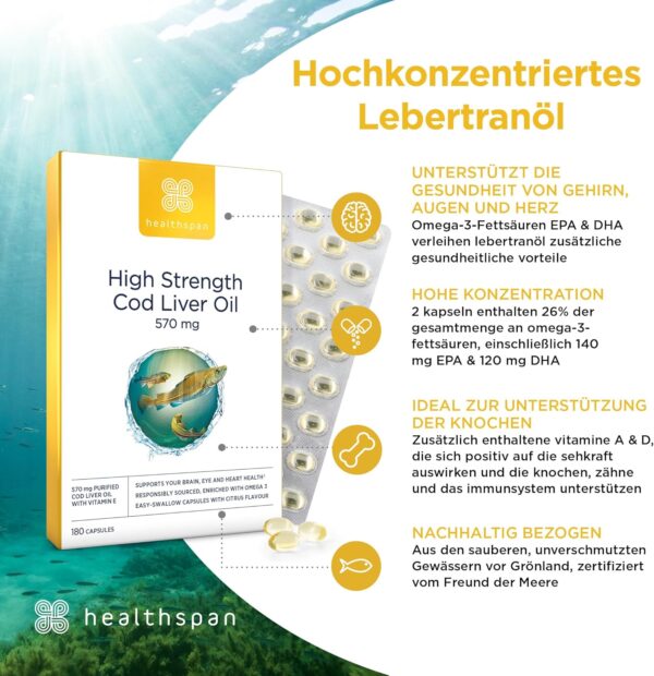 Healthspan Lebertran 570 mg | Unterstützt Gehirnfunktion, Herzgesundheit & Knochengesundheit | Mit 150 mg Omega-3-Fettsäuren pro Kapsel | Zusätzlich Vitamin A & Vitamin D | 180 Kapseln – Bild 3