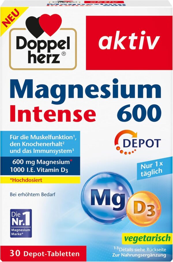 Doppelherz Magnesium 600 Intense DEPOT - 600 mg hochdosiertes Magnesium + 1000 I.E. Vitamin D pro Tablette - 30 DEPOT-Tabletten