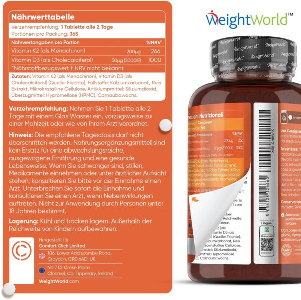 Vitamin D3 K2 2000 IU - 2 Jahresvorrat - 365 Tabletten mit 200μg Vit K2-100% All-Trans MK-7-1 Tablette/2 Tage - Kleine Tabletten - Vegane Quelle (Flechte) - WeightWorld – Bild 5