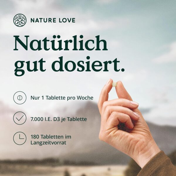 Vitamin D3 K2 Wochendepot - 180 vegane Tabletten - 7000IE D3 + 140µg K2 pro Tablette mit >99,7% all-trans - Hochdosiert & vegan - Laborgeprüft, in Deutschland produziert – Bild 3