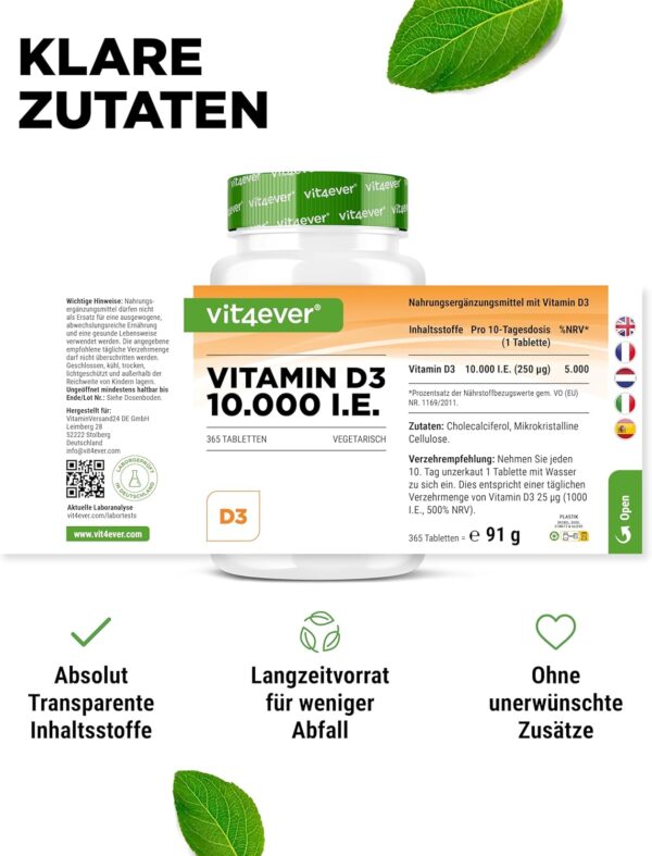 Vitamin D3 10.000 I.E. Depot - 365 Tabletten - Alle 10 Tage eine Tablette - Vegetarisch - Hohe Reinheit - Premium Qualität – Bild 5