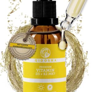 QIDOSHA® Premium Vitamin D3 K2 Tropfen, 50 ml, Wirkstoffmenge in externem Labor bestätigt, 1000 I.E. Vitamin D3 je Tropfen, hoch bioverfügbar durch K2 All-Trans, vegetarisch, Vitamin D Tropfen mit K2