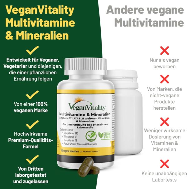 Vegan Multivitamin Tabletten hochdosiert - Vitamin b12 vegan & Eisen. 180 Multivitamin Tabletten Nahrungsergänzungsmittel - 6 Monate Vegan & Vegetarier - Alle Vitamine in einer Tablette – Bild 4