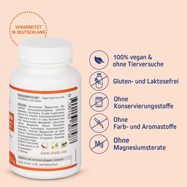 Vihado Multivitamin – Vitamine A-Z und Multimineral-Komplex – 26 Vitamine und Mineralstoffe hochdosiert – Nahrungsergänzungsmittel mit Q10, Zink und Tagetes Erecta – 1 Kapsel/Tag, 60 Kapseln – Bild 3