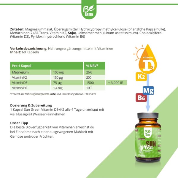BeGreen Sun Green, Vitamin D3-K2-Magnesium-Omega-3-Kapseln hochdosiert, 3.000 IE Vitamin D3 und 150 µg Vitamin K2 pro Kapsel, 100% vegan ohne Zusätze, 60 Stück, in Deutschland hergestellt – Bild 4
