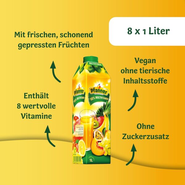 Pfanner Multivitaminsaft (8 x 1 l) - 100% Fruchtgehalt – Saft aus 13 Früchten - Mehrfruchtsaft im Vorratspack – Bild 4