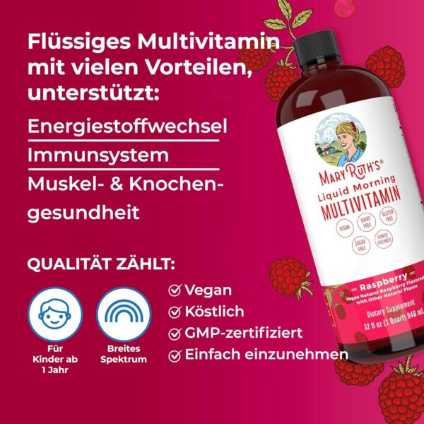 MaryRuth's, Liquid Morning Multivitamin Essentials+, 946ml, breites Spektrum an Vitaminen je Dosis, Himbeerengeschmack, Vegan, Glutenfrei, Sojafrei, GMO frei – Bild 2