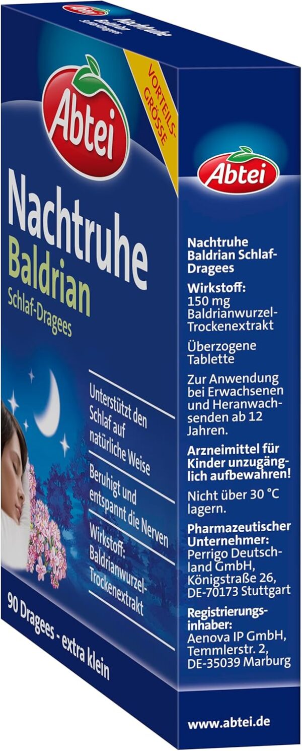 Abtei Nachtruhe Baldrian Schlaf-Dragees N - pflanzliches Arzneimittel für erholsamen und gesunden Schlaf sowie bei nervlicher Belastung - ohne Gewöhnungseffekt - 1 x 90 Dragees – Bild 3