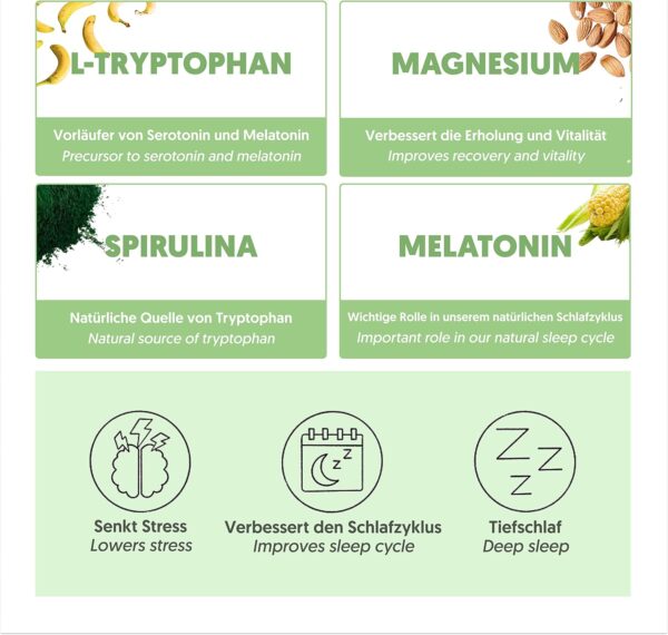 Natürliches L-Tryptophan Tabletten Hochdosiert 570mg - Schalfhilfe mit Tryptophan, Melatonin & Spirulina - Natürliche Formel für Besseren Schlaf, Weniger Angstzustände, Mehr Energie & Konzentration – Bild 2