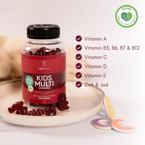 VITAYUMMY Kinder Multivitamin Vegane Vitamine Gummibärchen Erdbeergeschmack - Immunsystem Stärken Kinder - Hochdosiert Vitamin A C D E & B12 - Allergenfrei & Gelatinefrei - 60 Vitamin Gummies 1 Monat – Bild 2