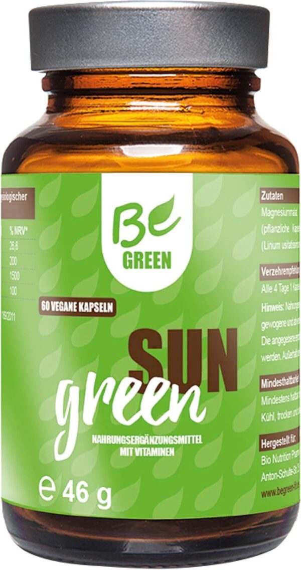 BeGreen Sun Green, Vitamin D3-K2-Magnesium-Omega-3-Kapseln hochdosiert, 3.000 IE Vitamin D3 und 150 µg Vitamin K2 pro Kapsel, 100% vegan ohne Zusätze, 60 Stück, in Deutschland hergestellt