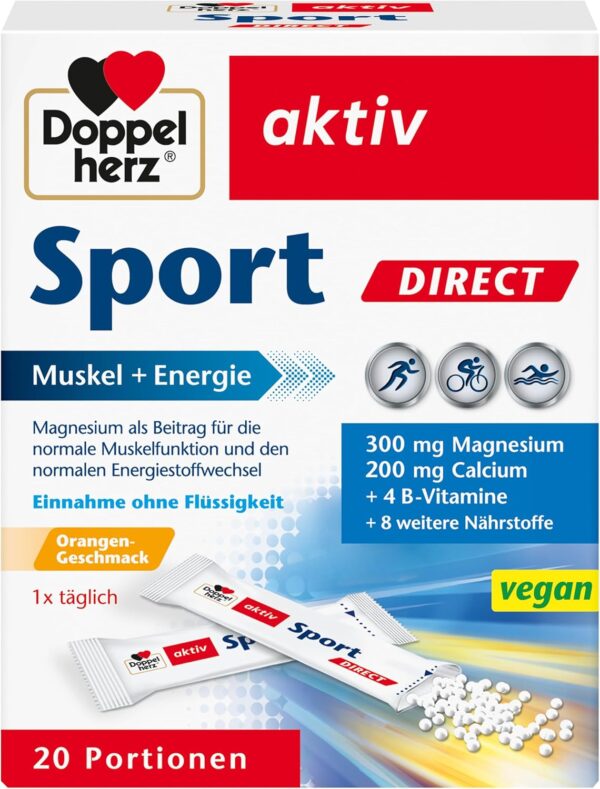 Doppelherz Sport DIRECT - Muskel + Energie - Magnesium, Calcium & B-Vitamine - für Sportler und körperlich Aktive - 20 vegane Portionen mit Orangen-Geschmack