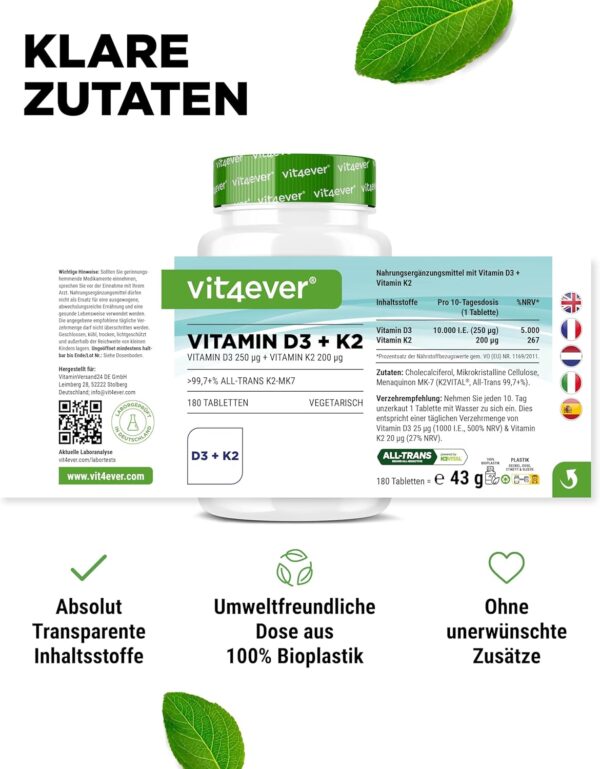 Vitamin D3 10.000 I.E + Vitamin K2 200 mcg Menaquinon MK7 Depot - 180 Tabletten - 99,7+% All-Trans (K2VITAL® von Kappa) - Laborgeprüft - Vegetarisch - Hochdosiert - Premium Qualität – Bild 6