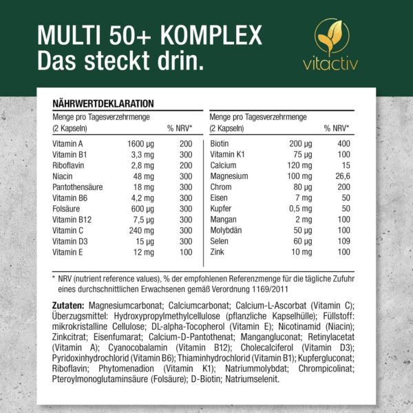 Vitactiv MULTI 50 plus - Multivitamin Komplex Menschen ab 50 - Vitamine, Mineralien, Spurenelemente - Vitamin B, C, E, K, D, Magnesium, Kalzium, Zink - Hochdosiert, Hormonfrei, ohne Jod - 60 Kapseln – Bild 7