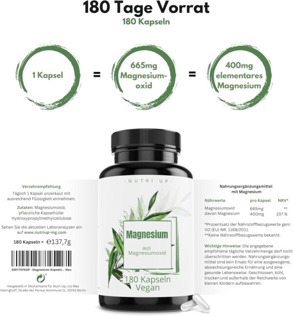 Magnesium – 180 Kapseln (6 Monate) 400 mg elementares Magnesium pro Kapsel | 665 mg reines Magnesiumoxid – laborgeprüft, hochdosiert, vegan – Bild 2