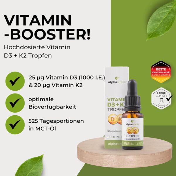 Vitamin D3 K2 Tropfen optimal dosiert - 1000 IE - K2 aus MK7 99,7% ALL TRANS in MCT-Öl für optimale Aufnahme - 15ml - optimale Bioverfügbarkeit - alphavitalis Nahrungsergänzungsmittel – Bild 2