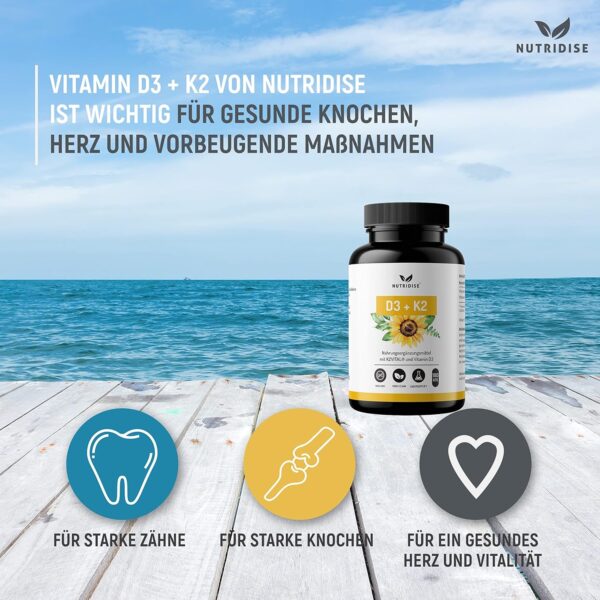 Nutridise Vitamin D3 + K2 Kapseln – 1000 IE D3 + 100 µg K2VITAL MK7 99,99% Trans-Form – optimales D3 / K2 Verhältnis - hochdosiert, laborgeprüft - 180 Kapseln – Bild 4
