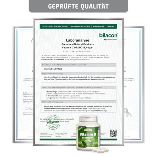 Vitamin D3 Depot Kapseln hochdosiert - 10000 i.E. pro Kapsel (120 vegane Kapseln) - Unterstützt Immunsystem, Muskeln und Zähne - 10-Tagesration, ohne Zusätze & Gentechnik, laborgeprüft - Greenfood – Bild 6
