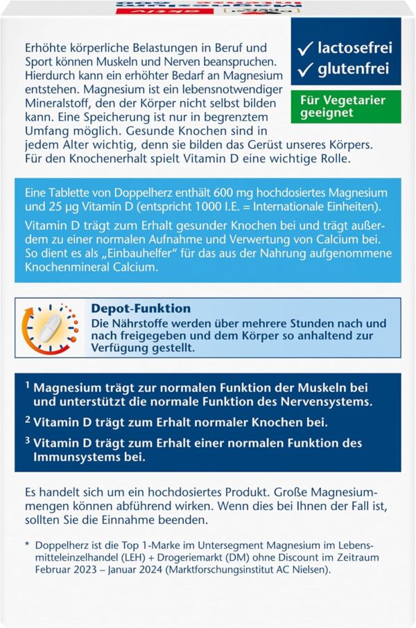 Doppelherz Magnesium 600 Intense DEPOT - 600 mg hochdosiertes Magnesium + 1000 I.E. Vitamin D pro Tablette - 30 DEPOT-Tabletten – Bild 2