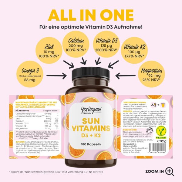 Vitamin D3 K2 Omega 3 + Calcium Magnesium und Zink - 180 Kapseln 5000 IE - Vitamin d hochdosiert - O3-D3-K2 (1 Stück (1er Pack)) – Bild 2
