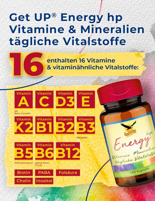 Get UP® Energy hp | 29 hochdosierte Vitamine Mineralien & Vitalstoffe | OPC, Coenzym Q10, Bor & Bioflavonoide | vegetarisch | 180 Kapseln im Glas – Bild 3