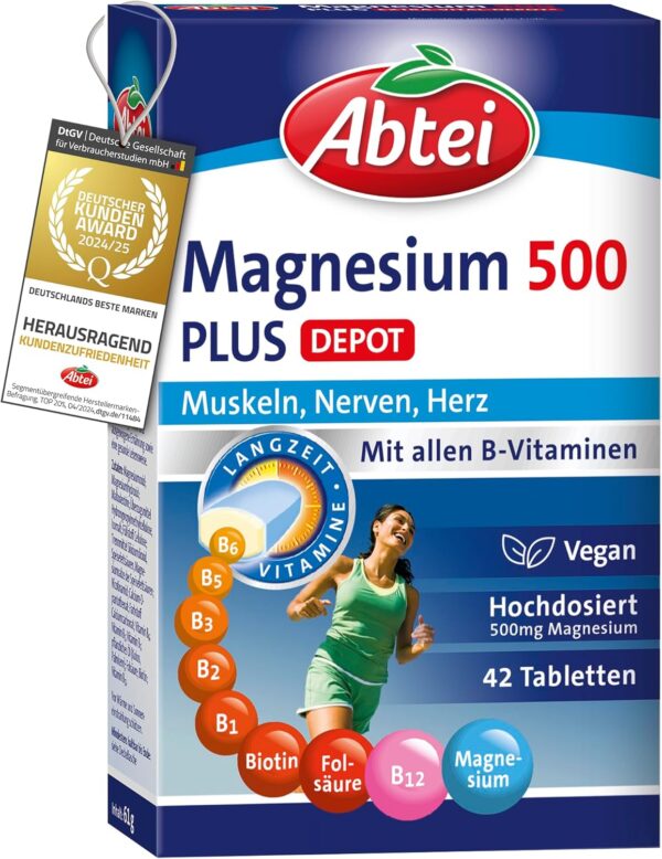 Abtei Magnesium 500 Plus Extra-Vital-Depot - hochdosiert - mit allen B-Vitaminen - für Muskeln, Nerven und Herz - vegan - 42 Tabletten
