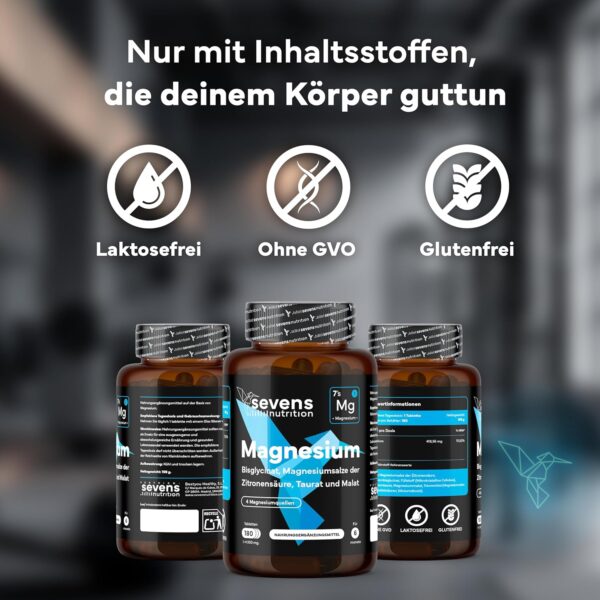 Magnesium Komplex - Premium – 4-fach Formel mit Bisglycinat, Citrat, Malat & Taurat – Hochdosiert – 180 Tabletten – Sevens – Bild 4