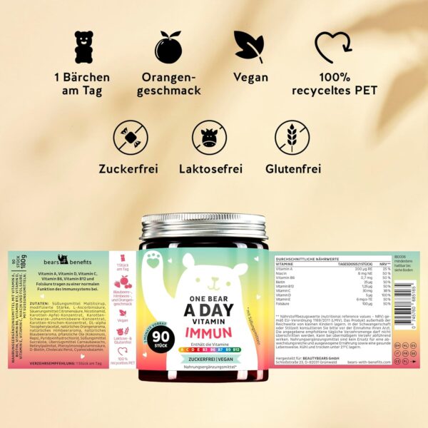 Multivitamin Gummibärchen Hochdosiert - Immun-Komplex mit Vitaminen A C D E und B-Vitamine B12 B6 Biotin Folsäure - 90 Stück - Vegan - Zuckerfrei - Bears with Benefits – Bild 6