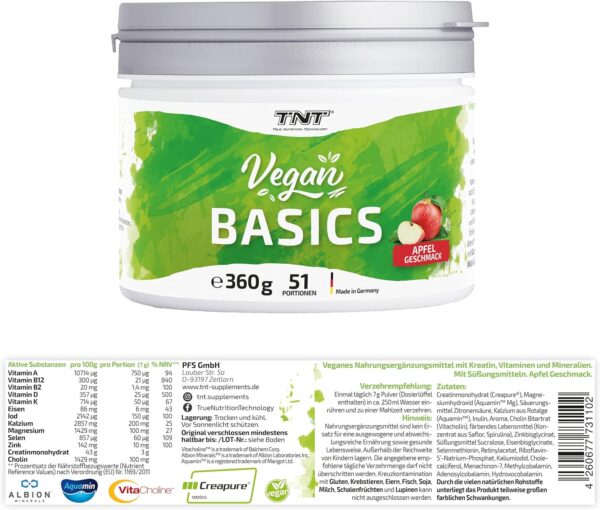 TNT Vegan Basics Pulver (360g) • Multivitamin Komplex hochdosiert + Creatine Monohydrate (Creapure®) • Vitamine und Mineralien für Veganer • (Apfel) – Bild 5