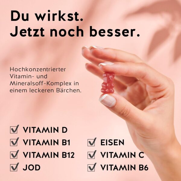 Bears with Benefits Bei Eisenmangel: Veganer Komplex mit hochdosiertem Eisen, Vitamin B12, B1, B6, C, D3 & Jod – Vitamin Gummies - 60 Stück - Vegan - Zuckerfrei – Bild 3