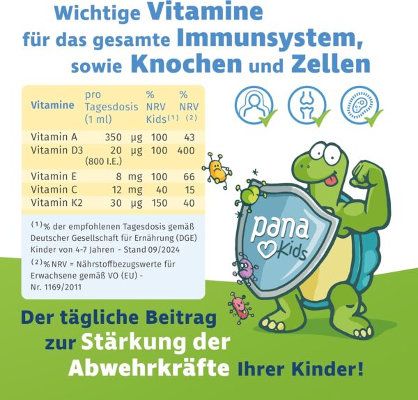 PanaKids IMMUN+ C-A-D-E-K Tropfen für Kinder – 30 ml – Mit Vitamin A, C, D3, E, K2 für Immunsystem & Knochen & Zellen – Hohe Bioverfügbarkeit – Laborgeprüft – Zuckerfrei & Vegan – Made in Germany – Bild 4