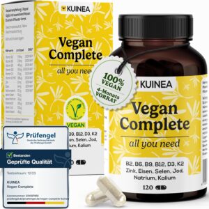 Vegan Complex - All in one Vitamine I 4-MONATS-VORRAT I Vitamin B12 Vegan+D3+K2+B2+B9+B6 + Zink + Eisen + Selen + Jod + Natrium + Kalium - Vegan Vitamine, Vegan Supplements
