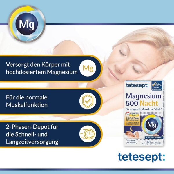 tetesept Magnesium 500 Nacht – Nahrungsergänzungsmittel mit hochdosiertem Magnesium – entspannte Muskeln im Schlaf mit Magnesium Tabletten – 1 x 30 Tabletten – Bild 2
