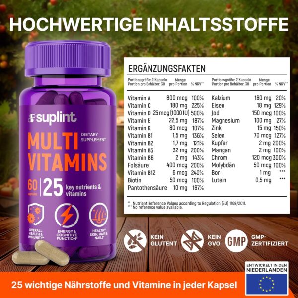 Multivitamin Komplex - 60 Kapseln für 30 Tage - Vitamin Komplex A-Z & Mineralstoffe wie Zink, Biotin - Hochdosierte Tabletten Multivinamine Für Männer Und Frauen A, C, D, E, B6, B12, K – Bild 3