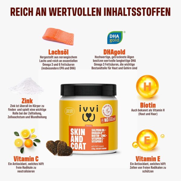 ivvi Skin & Coat Omega 3 für Hunde gegen Juckreiz im Leckerliformat, für gesunde Haut & glänzendes Fell – mit Biotin, DHAgold, Zink, Vitamin C, Lachsöl - 60 leckere Snacks (270g) mit Lachs – Bild 2