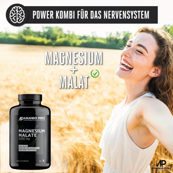 Amando Perez Magnesium Malat Tabletten 3000mg Hochdosiert - 180 Stück Magnesiummalat Vegan & Laborgeprüft (450mg Magnesium) Kapseln für Sport - Trägt zu einer normalen Muskelfunktion bei – Bild 3
