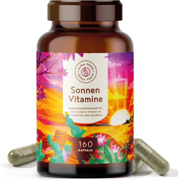 Vitamin D3 + K2 - hochdosiert 20.000 IE - 160 Kapseln - vitaMK-7, 99,99% All-Trans und pflanzliche Omega 3 Fettsäuren aus Leinsamen und Algen - SONNENVITAMINE