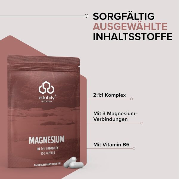 edubily nutrition® Magnesium Komplex Kapseln • Magnesiummischung aus Magnesiumglycinat, Magnesiumcitrat & Magnesiumcarbonat • Ohne Magnesiumstearat • Mit Vitamin B6 (P5P) • Vegan (250 Kapseln) – Bild 2