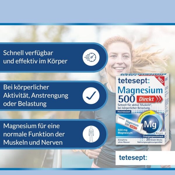 tetesept Magnesium 500 Direkt – Nahrungsergänzungsmittel mit Magnesium Pulver zur Einnahme ohne Wasser - Schnell für aktive Muskeln – 1 x 20 Direkt-Sticks – Bild 2